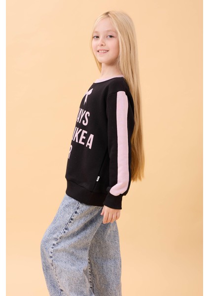 Kız Çocuk Baskılı Bisiklet Yaka Mevsimlik Sweatshirt Siyah modelleri
