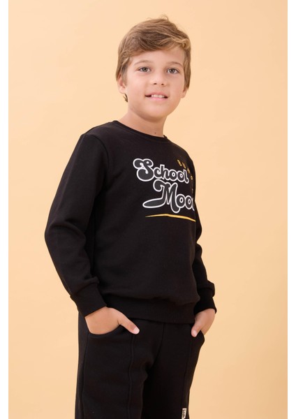 Erkek ve Kız Çocuk Okul Baskılı Bisiklet Yaka Mevsimlik Sweatshirt Siyah fiyatları