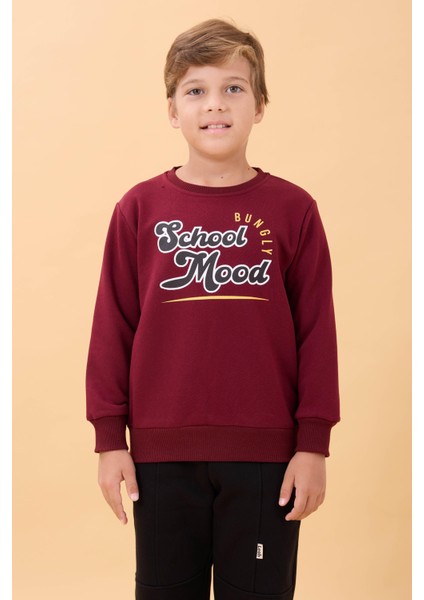 Erkek ve Kız Çocuk Okul Baskılı Bisiklet Yaka Mevsimlik Sweatshirt Bordo