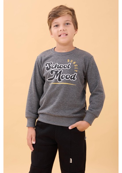 Erkek ve Kız Çocuk Okul Baskılı Bisiklet Yaka Mevsimlik Sweatshirt Antrasit
