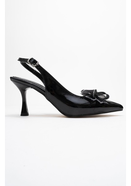 Kurdele Taşlı Kadın Topuklu Ayakkabı Siyah Rugan fiyatları