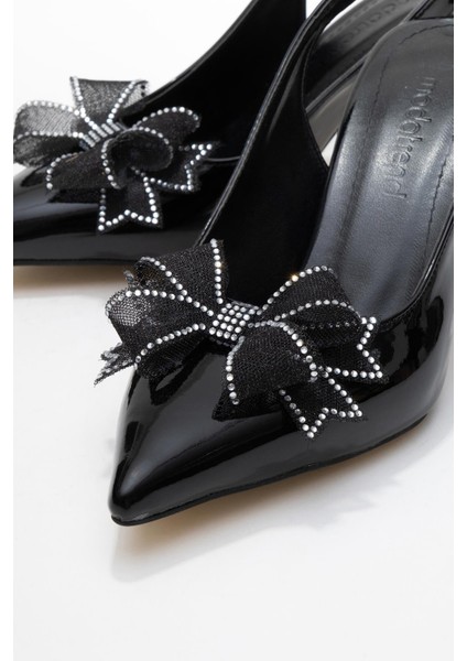 Kurdele Taşlı Kadın Topuklu Ayakkabı Siyah Rugan modelleri