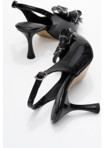 Kurdele Taşlı Kadın Topuklu Ayakkabı Siyah Rugan indirimleri