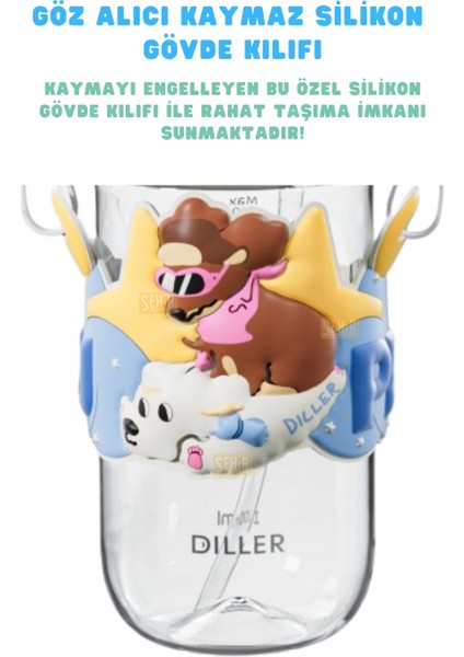 580ML Yeni Koleksiyon Sevimli Hayvanlar Süslü Pipetli/pipetsiz Boyun Askılı Tritan Çocuk Matarası modelleri