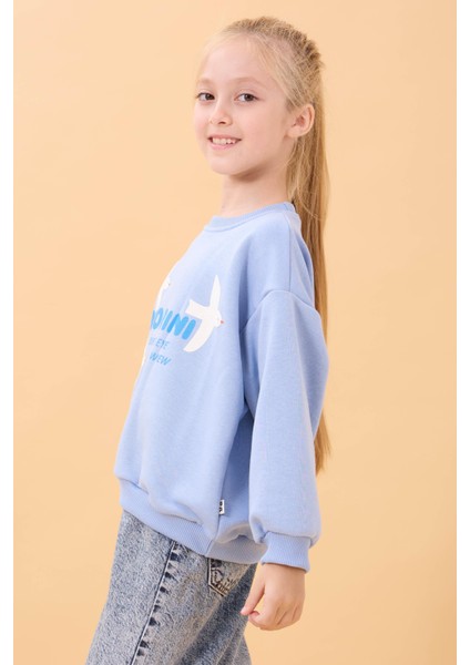 Kız Çocuk Oversize Santorini Baskılı Mevsimlik Sweatshirt Mavi modelleri