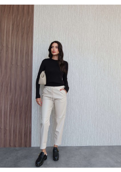 Bel Lastik Dikiş Detaylı Deri Pantolon fiyatları