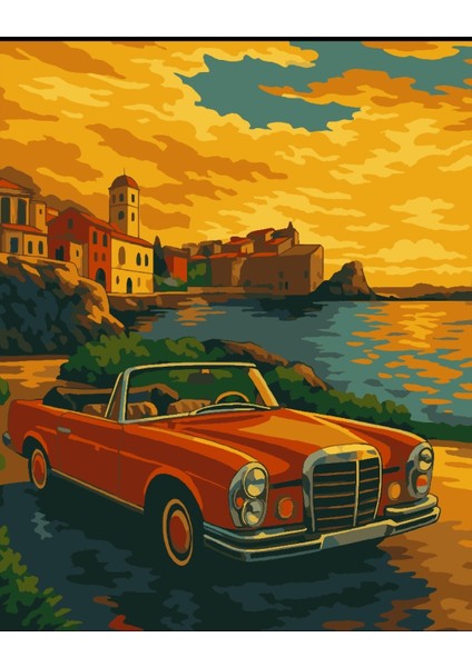 Sayılarla Boyama Seti 40X50 cm (Çıtalı) Fırça Boya Dahil Numaralı Tuval Kırmızı Arabalı Manzara