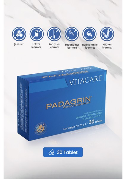 Padagrin – 30 Tablet | Quercetin, Bitkisel Ekstreler, Vitaminler & Demir Içeren Takviye Edici Gıda