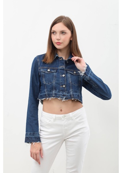 Kadın Püsküllü Crop Jean Ceket