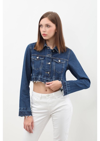 Kadın Püsküllü Crop Jean Ceket