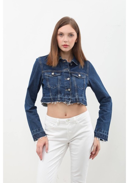 Kadın Püsküllü Crop Jean Ceket