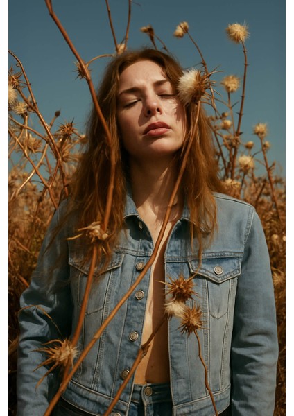 Kadın Düğmeli Likralı Jean Ceket Mavi