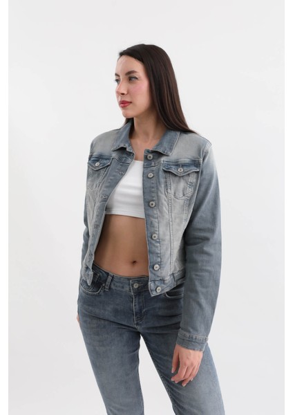 Kadın Düğmeli Likralı Jean Ceket Mavi