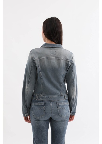 Kadın Düğmeli Likralı Jean Ceket Mavi