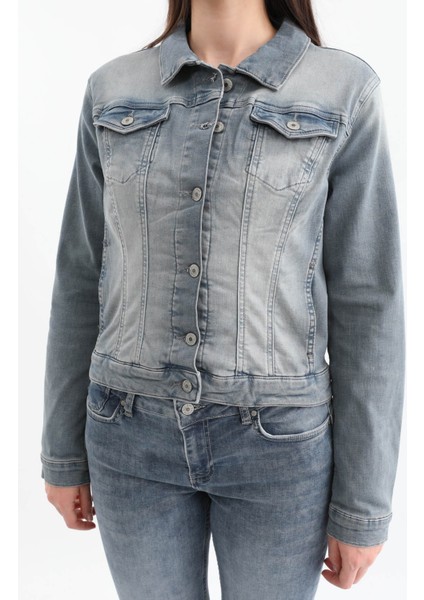 Kadın Düğmeli Likralı Jean Ceket Mavi