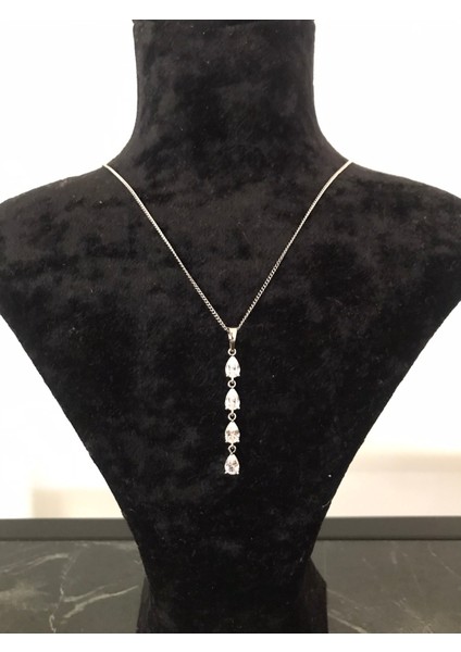 PASLANMAZ ÇELİK GÜMÜŞ RENK 4 DAMLA MODEL TAŞLI İNCE ZİNCİRLİ IŞILTILI PARLAK KOLYE