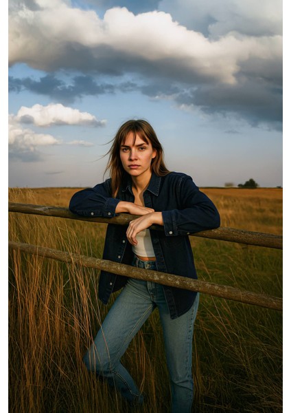 Kadın Oversize Jean Gömlek Lacivert