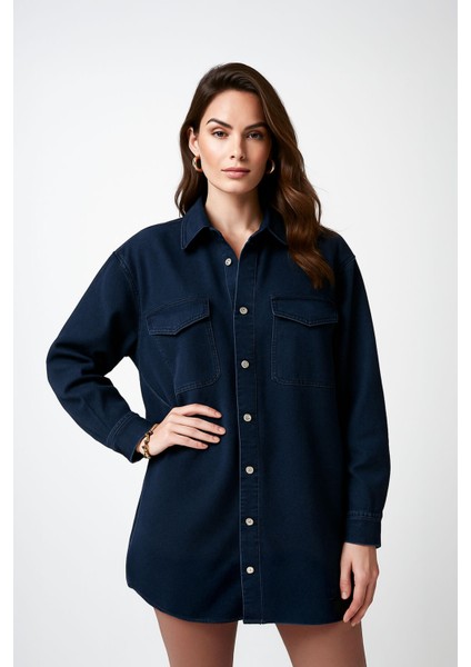 Kadın Oversize Jean Gömlek Lacivert