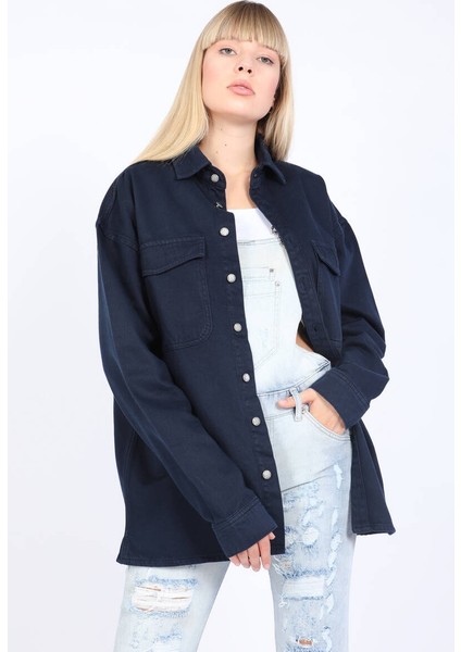 Kadın Oversize Jean Gömlek Lacivert