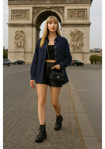 Kadın Oversize Jean Gömlek Lacivert