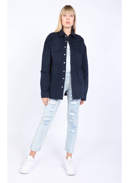 Kadın Oversize Jean Gömlek Lacivert