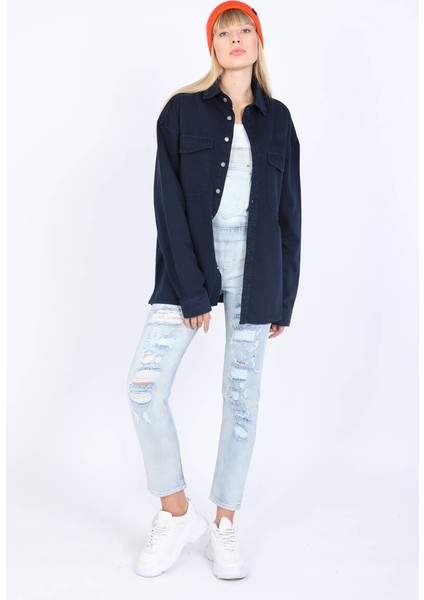 Kadın Oversize Jean Gömlek Lacivert