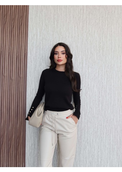 Bel Lastik Dikiş Detaylı Deri Pantolon fırsatları