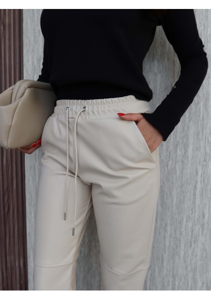 Bel Lastik Dikiş Detaylı Deri Pantolon indirimleri