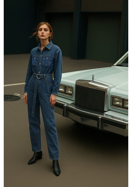 Kadın Oversize Jean Tulum Koyu Mavi