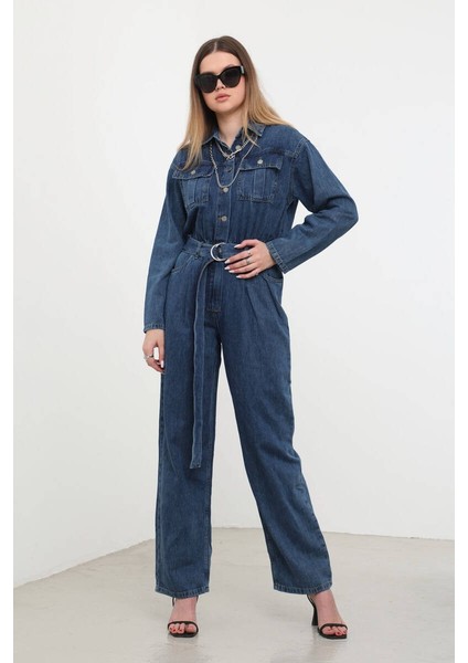 Kadın Oversize Jean Tulum Koyu Mavi