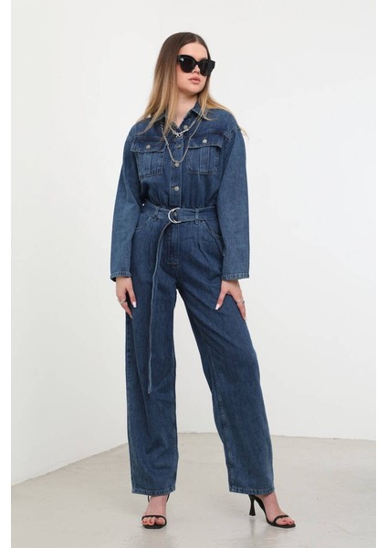 Kadın Oversize Jean Tulum Koyu Mavi