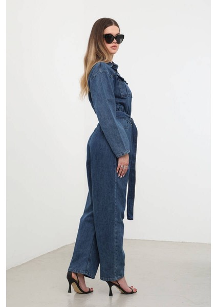 Kadın Oversize Jean Tulum Koyu Mavi