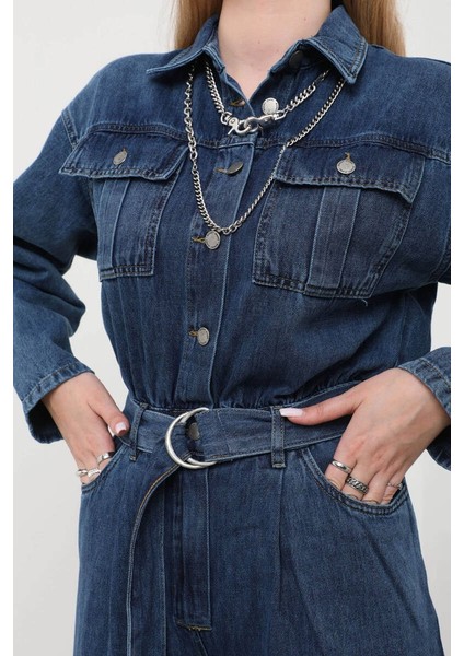 Kadın Oversize Jean Tulum Koyu Mavi