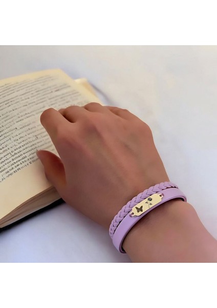 14 Ayar Plakalı Altın Gül Temalı Kelebek Figürlü Açık Mor Derili Hediye BILEKLIK-655SEMBOL