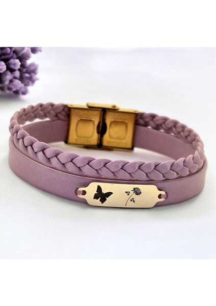 14 Ayar Plakalı Altın Gül Temalı Kelebek Figürlü Açık Mor Derili Hediye BILEKLIK-655SEMBOL fiyatları