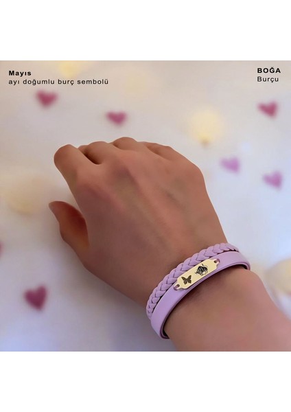 14 Ayar Altın Plakalı Boğa Burçları Için Açık Mor Derili Kelebek Figürlü Hediye BILEKLIK-655BURÇ