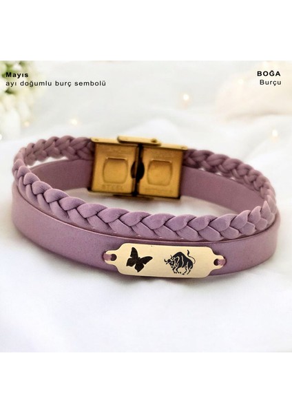 14 Ayar Altın Plakalı Boğa Burçları Için Açık Mor Derili Kelebek Figürlü Hediye BILEKLIK-655BURÇ fiyatları