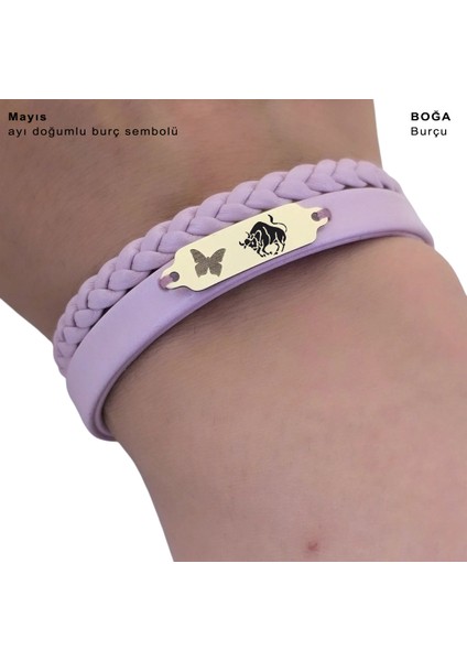 14 Ayar Altın Plakalı Boğa Burçları Için Açık Mor Derili Kelebek Figürlü Hediye BILEKLIK-655BURÇ fırsatları
