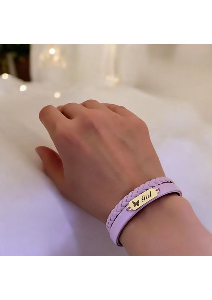 14 Ayar Altın Plakalı Gül Ismine Özel Açık Mor Derili Kelebek Figürlü Hediye BILEKLIK-655ISIM