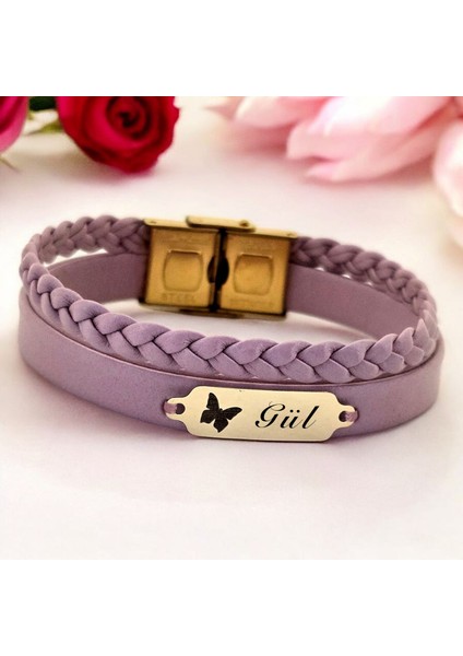 14 Ayar Altın Plakalı Gül Ismine Özel Açık Mor Derili Kelebek Figürlü Hediye BILEKLIK-655ISIM fiyatları