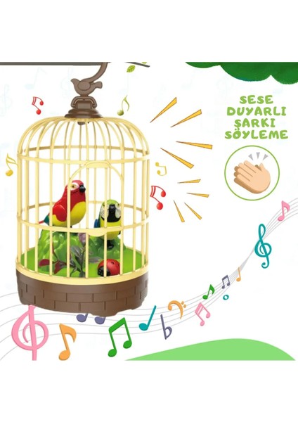Ses Kontrollü Hareketli Oyuncak Kafeste Kuş – 20 cm Canlı Renkli, Gerçekçi Ses ve Görünüm