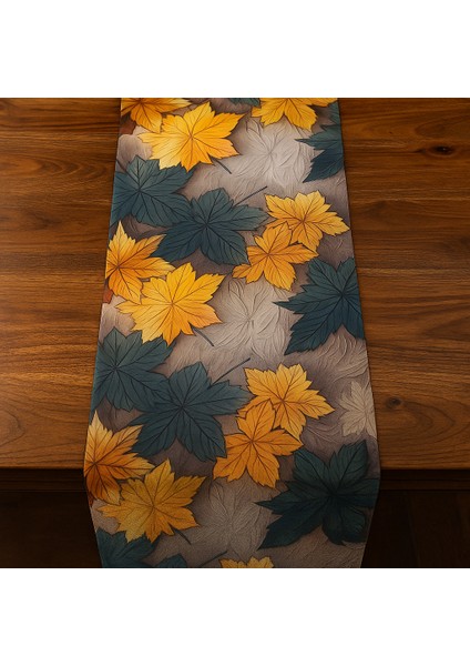 Bohem Sonbahar Desenli Duck Kumaş Masa Runner – 40×140 cm | Yaprak Temalı Şık Sofra Aksesuarı