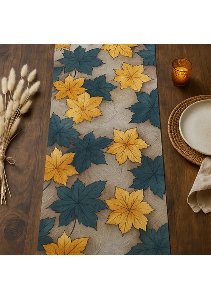 Bohem Sonbahar Desenli Duck Kumaş Masa Runner – 40×140 cm | Yaprak Temalı Şık Sofra Aksesuarı fiyatları