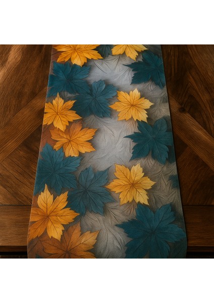 Bohem Sonbahar Desenli Duck Kumaş Masa Runner – 40×140 cm | Yaprak Temalı Şık Sofra Aksesuarı