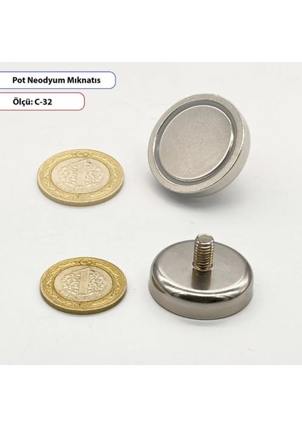 Erkek Vidalı Neodyum Pot Mıknatıs C32 mm – Güçlü Manyetik Tutucu