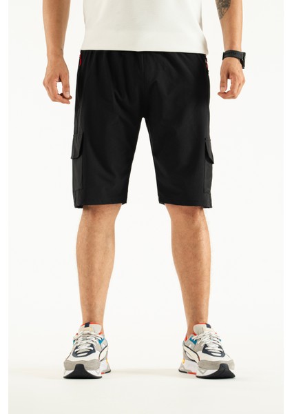 Erkek Siyah Nefes Alan Likralı Kumaş 5 Cepli Outdoor Kapri Şort