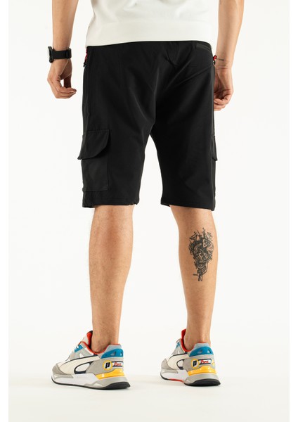 Erkek Siyah Nefes Alan Likralı Kumaş 5 Cepli Outdoor Kapri Şort