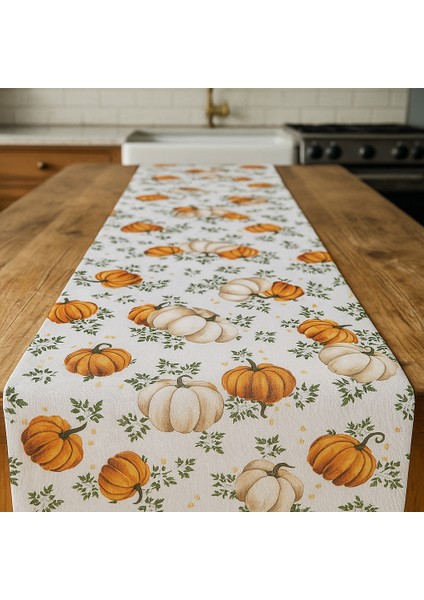 Balkabağı Desenli Duck Kumaş Masa Runner – 40×140 cm | Sonbahar Temalı Rustik Sofra Aksesuarı