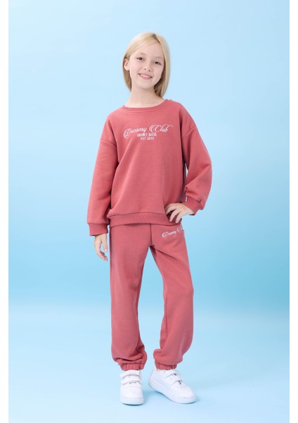 Kız Çocuk Dreamy Nakışlı Bisiklet Yaka Mevsimlik Alt Üst Takım Kiremit