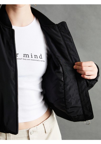 Xsıde Siyah Kolej Yaka Crop Kadın Bomber Mont modelleri